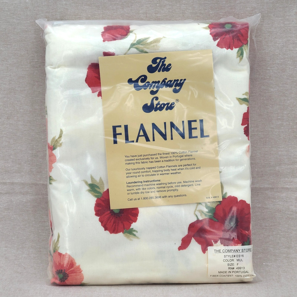VTG The Company Store Flannel Sheet Full Flat White Red Poppy 100% Cotton NIP